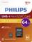 'Philips 64GB UHS-I microSDXC Card, Ultra Speed, A1, supports full HD video, up to 80 MB/s.'