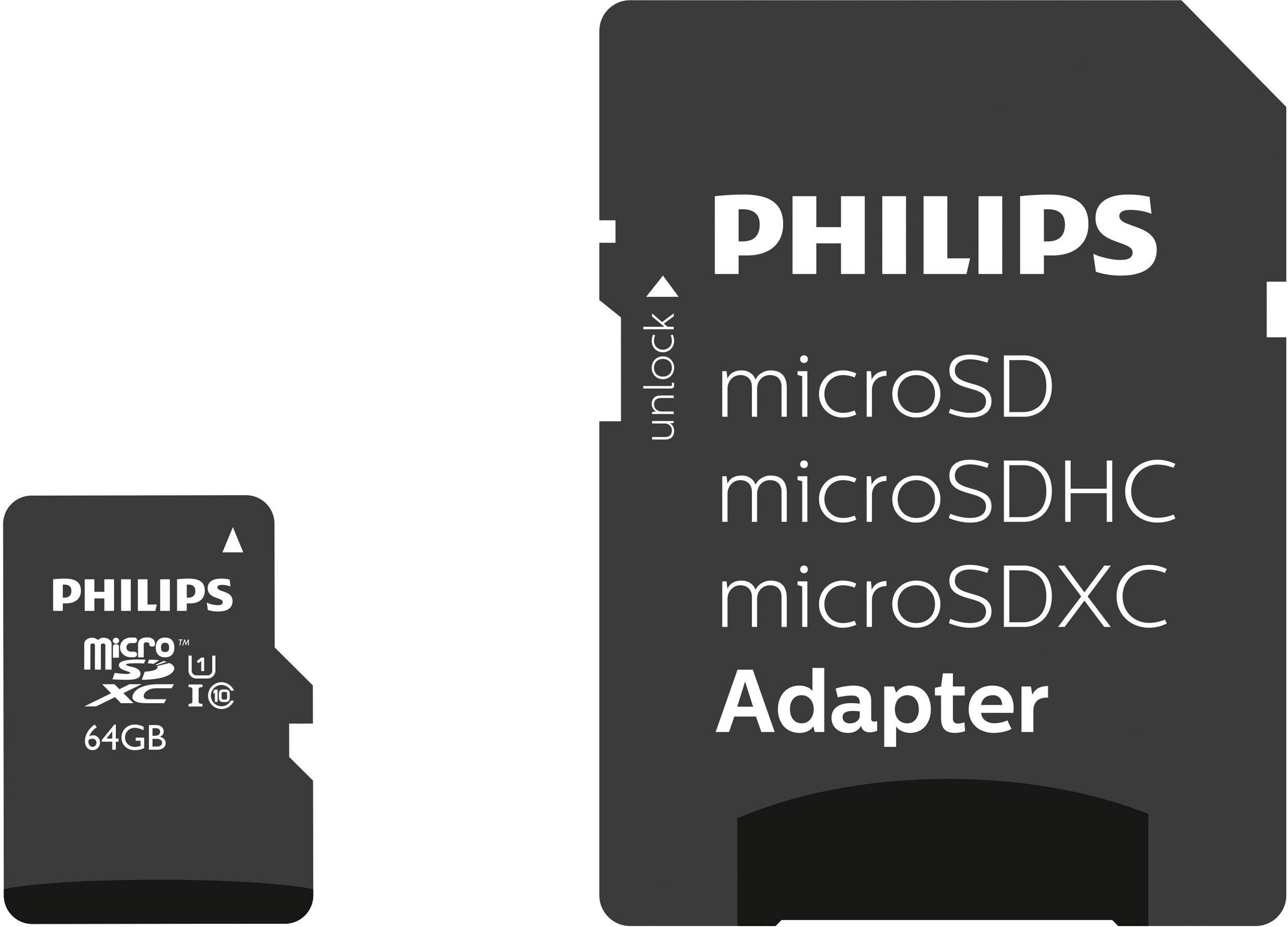'Philips microSDXC 64GB memory card with adapter' shows a microSD card and a matching SD adapter, both in black.