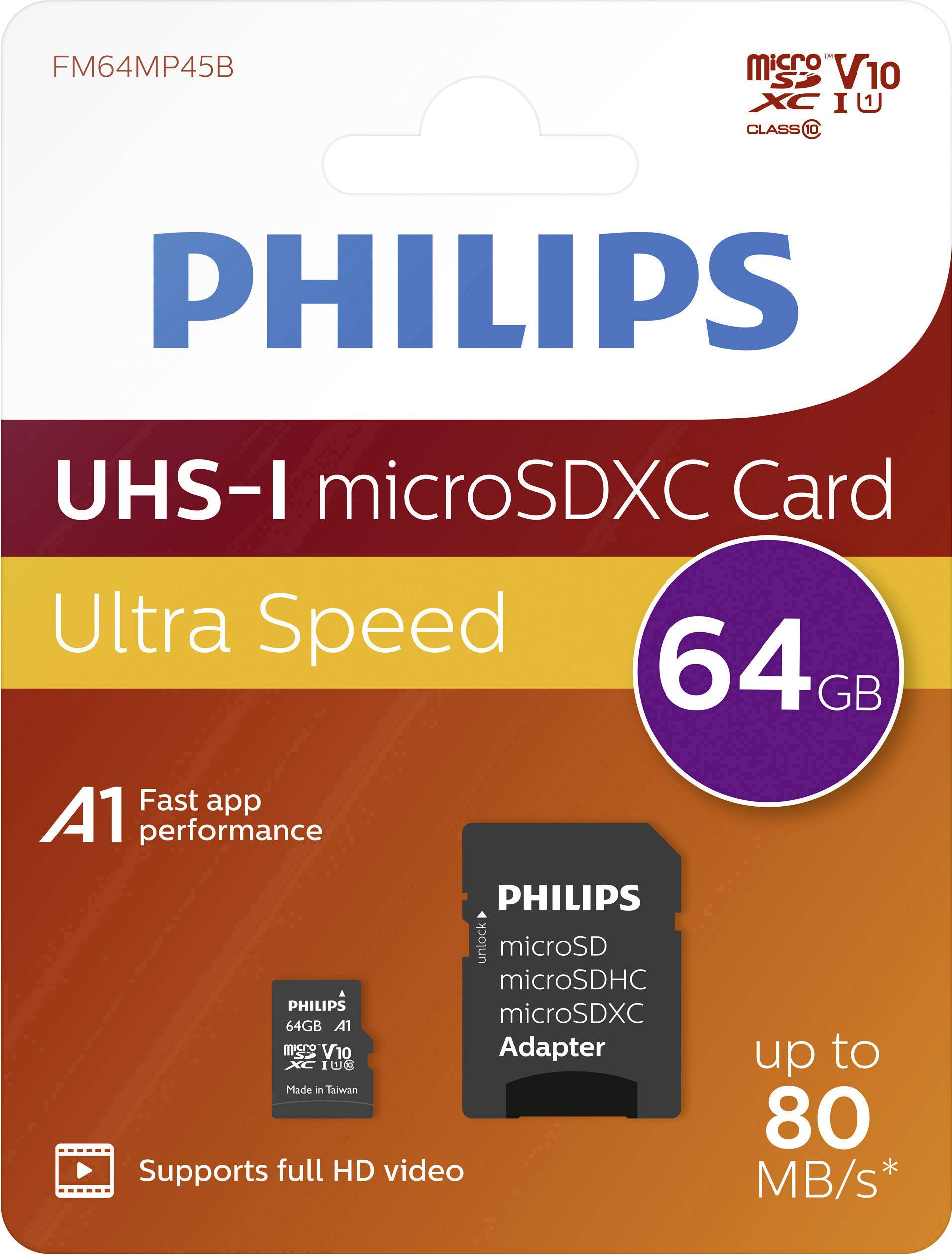 'PHILIPS UHS-I microSDXC Card 64GB, Ultra Speed, A1 for Quick App Performance, Supports Full HD Video, Up to 80 MB/s.'