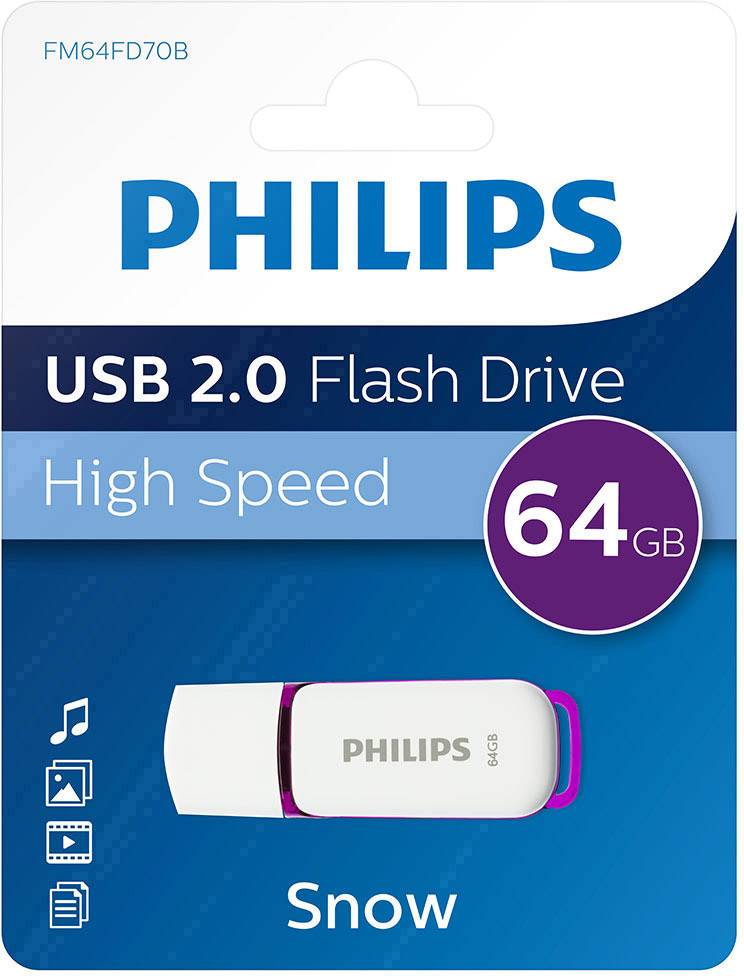Philips USB 2.0 flash drive with 64 GB. Labelled as 'High Speed'. White colour. Packaging displays symbols for music, videos, and data transfer.