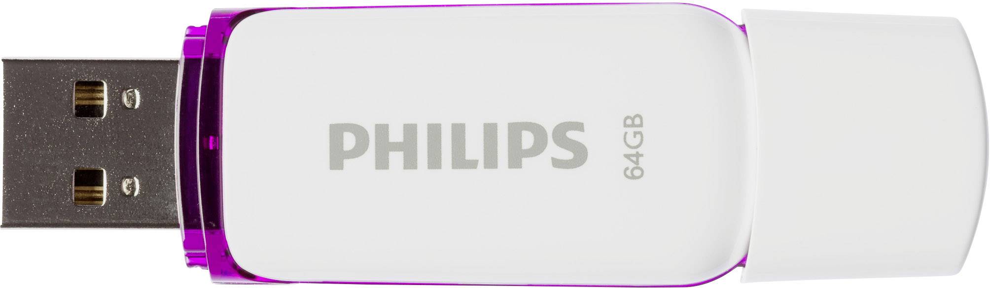 Philips USB flash drive with 64GB storage capacity, white casing, purple accents.