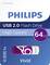 'Philips USB 2.0 Flash Drive', 64GB, High Speed, Packaged. Product image with blue background and purple accent.
