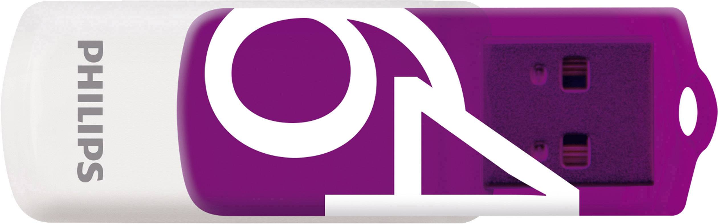 A Philips USB stick in purple and white with a modern, abstract design on the cover.