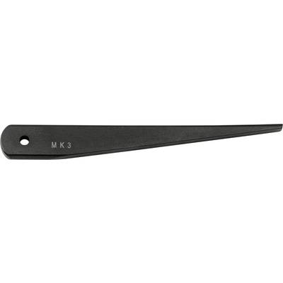 Black MK3 knife or tool blade, long tapered shape with a hole near one end and the label MK3 printed on it.