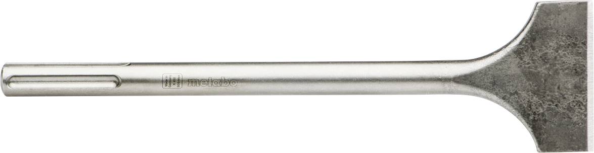 A metal chisel bit with a flat rectangular blade and long cylindrical shank, shown horizontally on a white background.