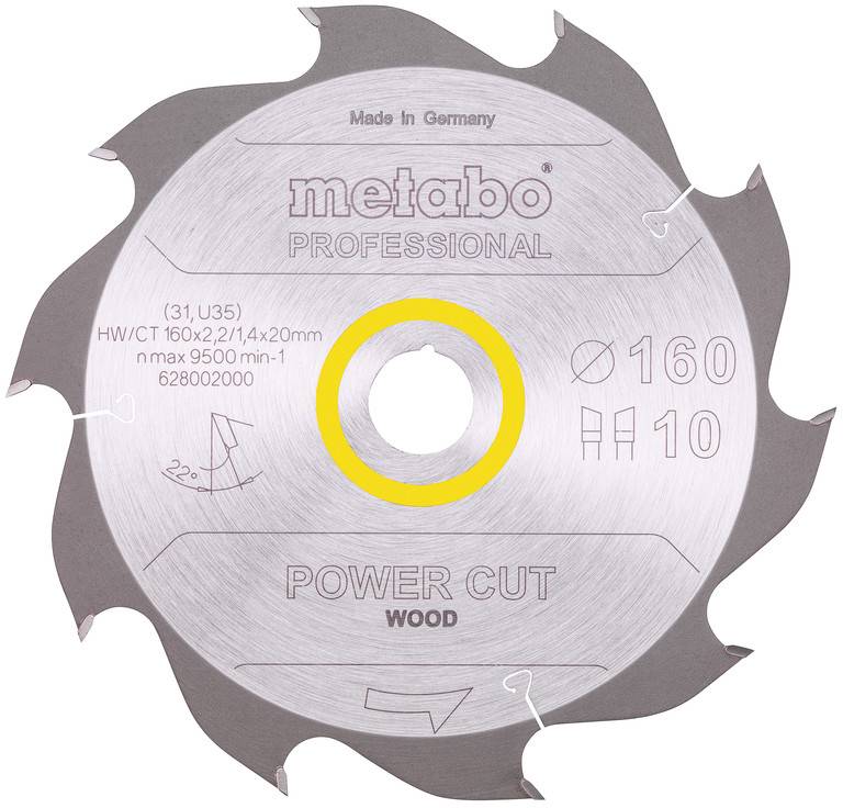 Circular Metabo Professional Power Cut wood saw blade, 160 mm, with central mounting hole and printed specifications.<br>