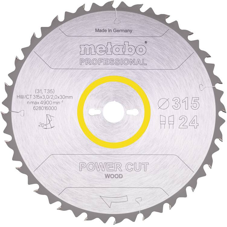 Metabo Professional circular saw blade labeled 'POWER CUT WOOD', diameter 315 mm, 24 teeth, made in Germany.