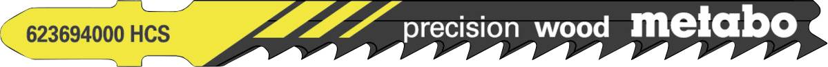 Yellow and black caution-style banner with the text '62369400 HCS', 'precision wood', and 'metabo'.