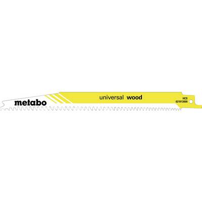 Metabo Universal Wood saw blade label in yellow and white, with brand name, product type, and HCS code 63193000.