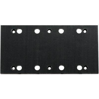 'Rectangular black metal plate with ten evenly distributed round holes. Six holes at the top, four holes at the bottom.'