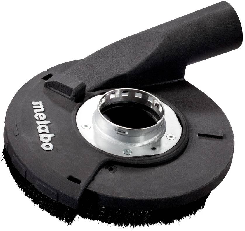 Metabo dust extraction hood attachment for an angle grinder, black round cover with side handle and brush edge.