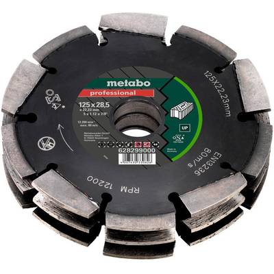 Metabo diamond cutting disc, 125 mm diameter, suitable for professional cutting of building materials such as concrete and brick.