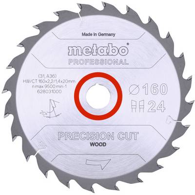 Metabo Professional precision-cut wood saw blade, labeled 'Made in Germany', 160 mm diameter, 24 teeth, max 9300 rpm.