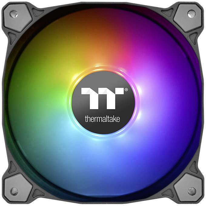 A round fan with illuminating RGB colours and the 'Thermaltake' text in the centre. Suitable for PC cooling.