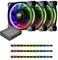 Three Thermaltake RGB fans with control unit and LED strip. The fans display colourful light effects, suitable for computer cases.