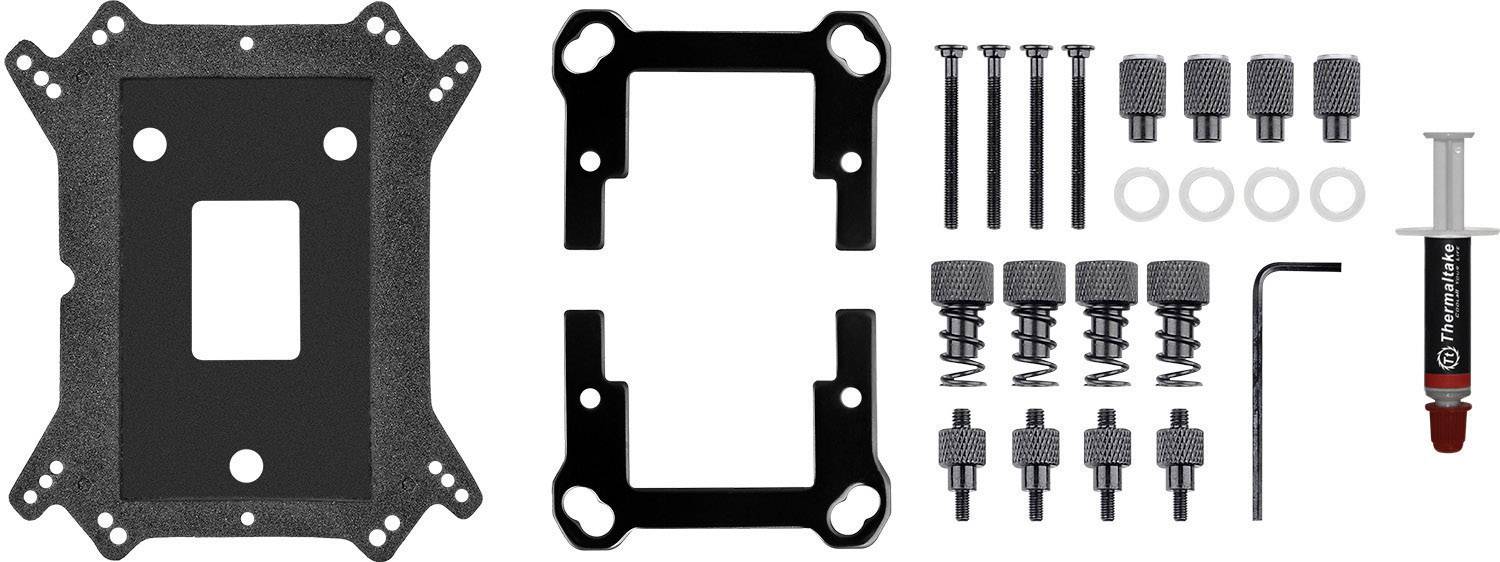 Mounting kit for CPU cooling by Thermaltake, comprising metal plates, screws, standoffs and thermal paste for installation.