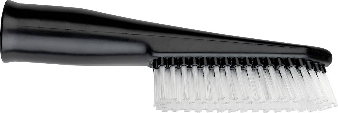 Close-up of a black-handled toothbrush with clear bristles on a white background.