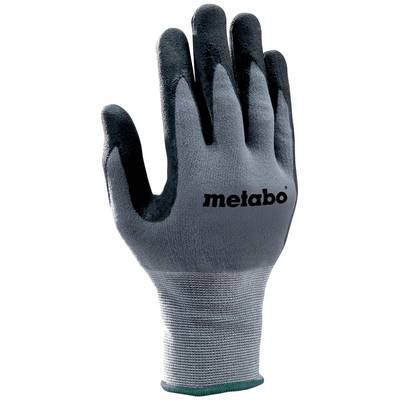 Gray work glove with black coated fingers and palm, branded 'metabo' on the back.