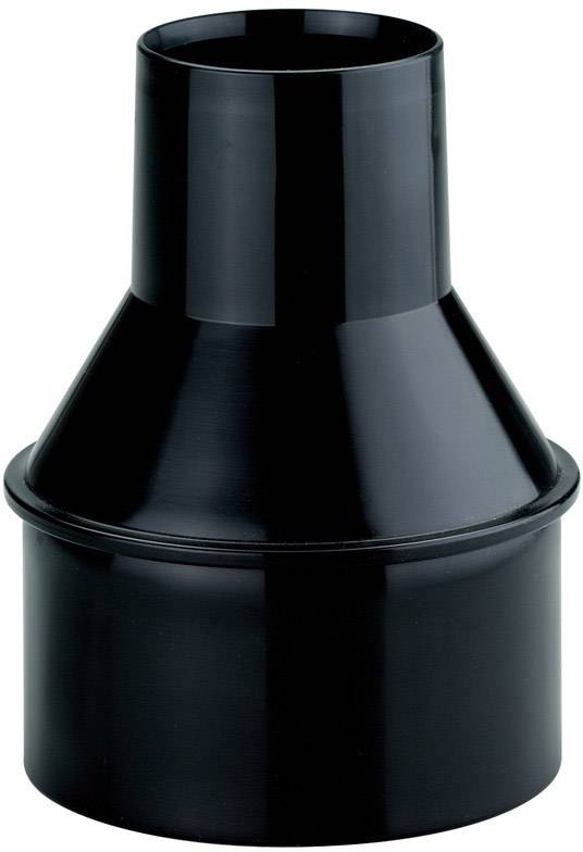 A black plastic tapered adapter that connects two pipe sections of different diameters.