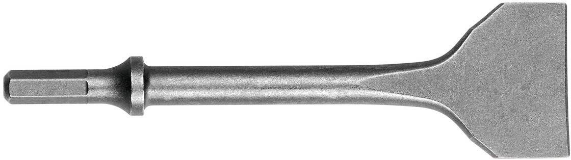 A silver chisel with a flat, wide head and hexagonal shaft, suitable for use with a hammer or drilling tool.