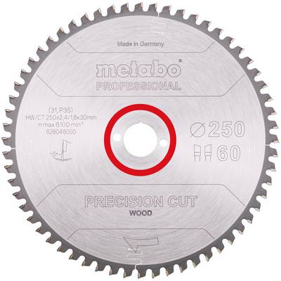 A Metabo Professional precision-cut wood saw blade, labeled 250 mm and 60 teeth, shown front-on on a white background.