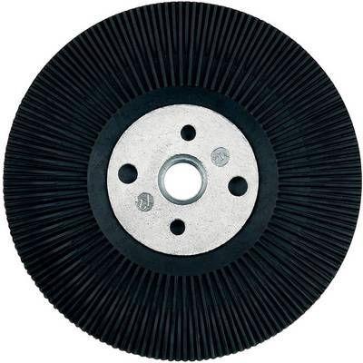 Close-up of a circular abrasive wheel or brush with a metal center hub and a black ridged outer edge on a white background.