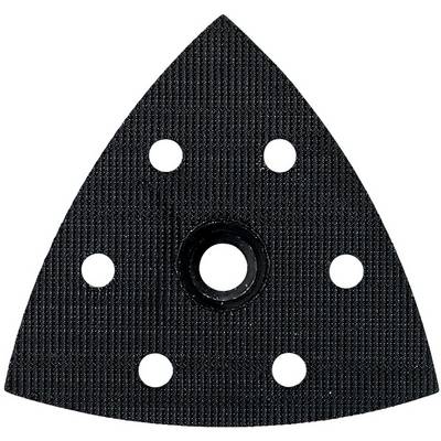 Black triangular sanding pad with six holes and a central mounting hole on a white background.