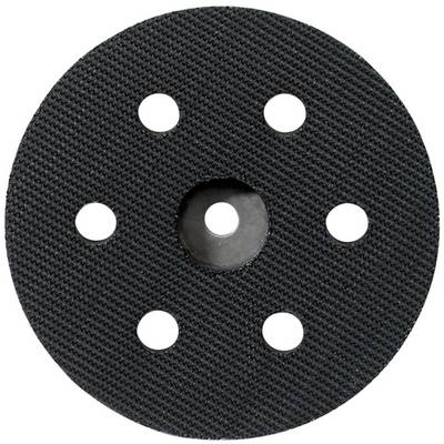 Round black abrasive pad with six holes and a center hole, shown on a white background.