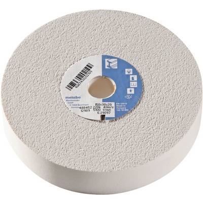 A round white abrasive grinding wheel with a blue Metabo label, shown from above.