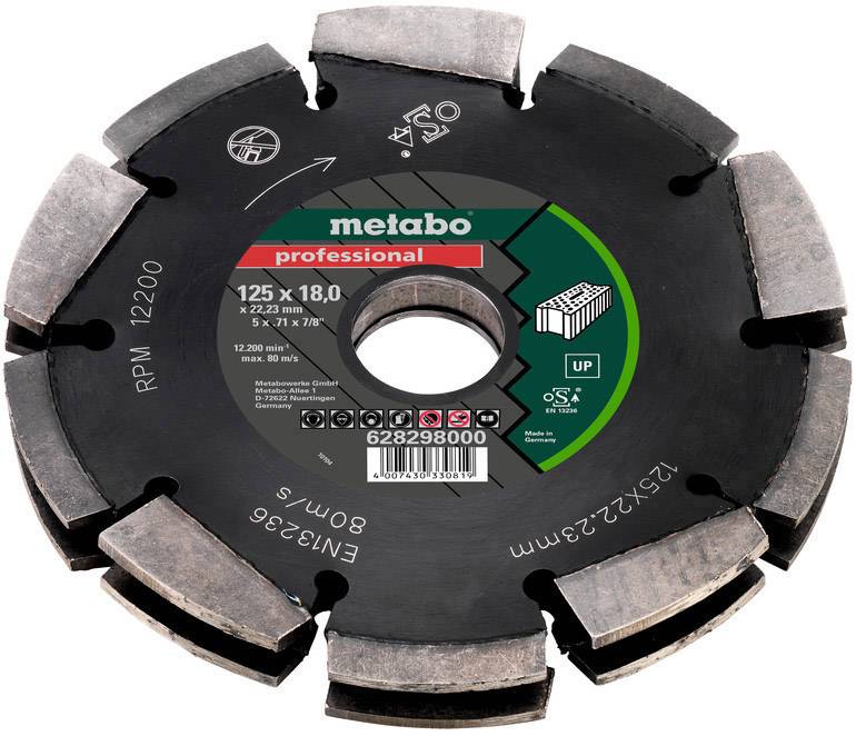 Metal circular saw blade with Metabo logo, 125x18 mm, suitable for concrete work at 12,200 rpm.