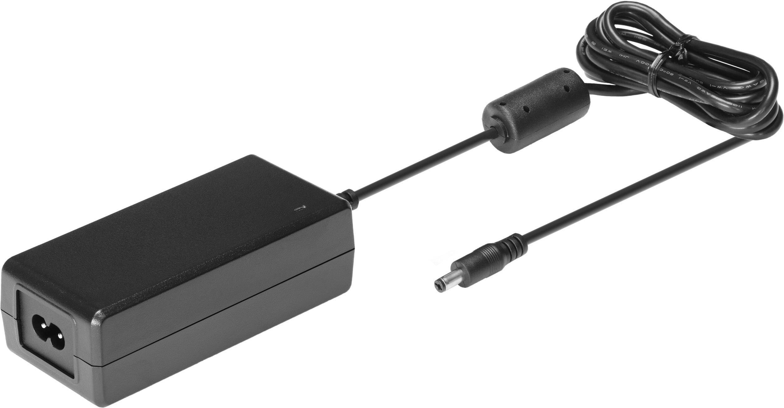 Black laptop power adapter with power cable, rectangular housing, two-pin connector and round plug at the other end.