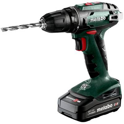 Cordless Metabo drill with a drill bit attached, shown on a white background.