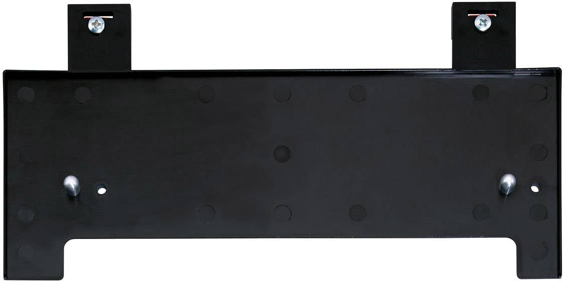 Black metal plate with two protruding mounting clips and several drill holes. Used for wall-mounting electronic components.