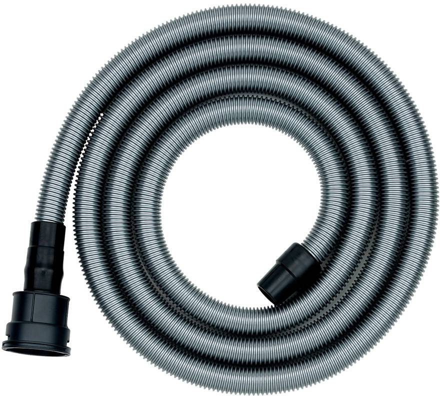 Coiled gray flexible hose with black plastic fittings on both ends, isolated on a white background.