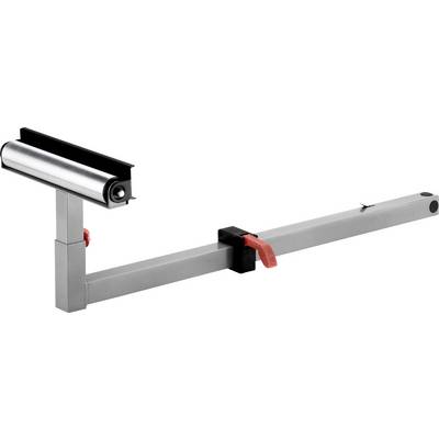 Adjustable metal clamp bracket with a black cylindrical roller and red locking lever on a long gray arm, shown on a white background.