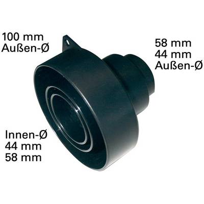 Black circular reducer adapter fitting shown in 3D, labeled 100 mm outer diameter and 44/58 mm inner and outer diameters.<br>