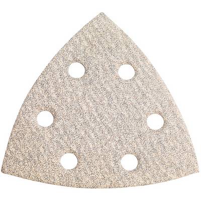 A triangular beige speckled sanding pad with six circular holes for dust extraction.
