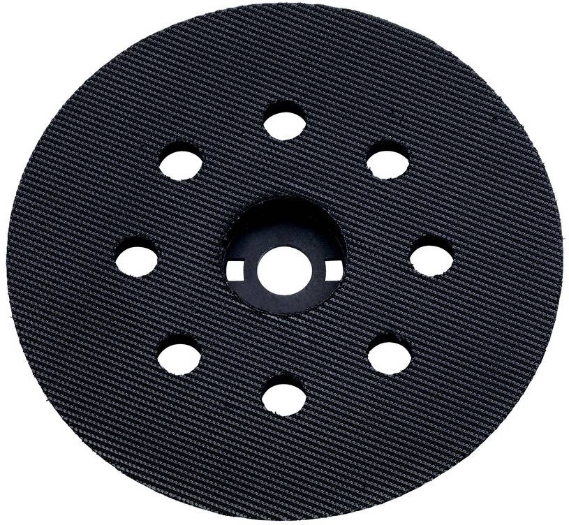 Black circular abrasive sanding disc with multiple perforation holes and a center mounting hole on a white background.