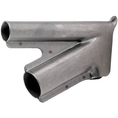 Metal Y-shaped pipe connector with two open circular ends, shown on a white background.