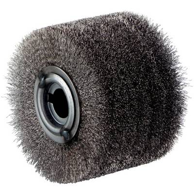 A cylindrical wire brush roller with a metal center opening, used for cleaning or polishing surfaces.