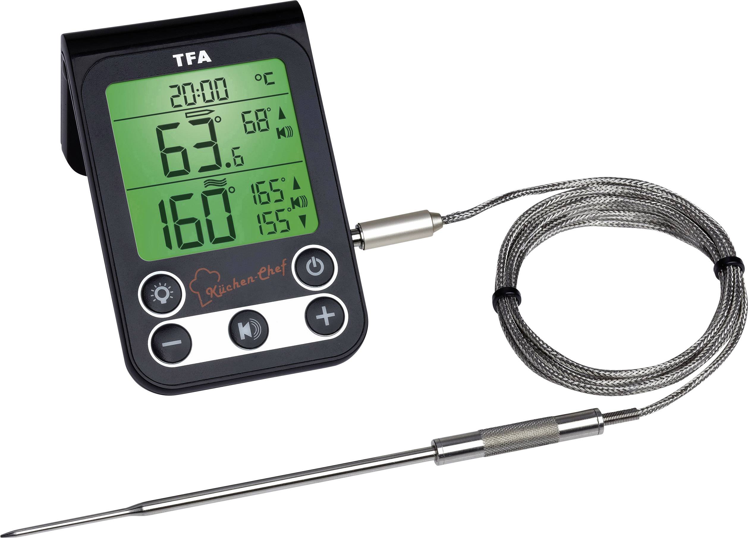 Digital kitchen thermometer with probe and display, shows current and target temperature. Ideal for monitoring cooking processes.