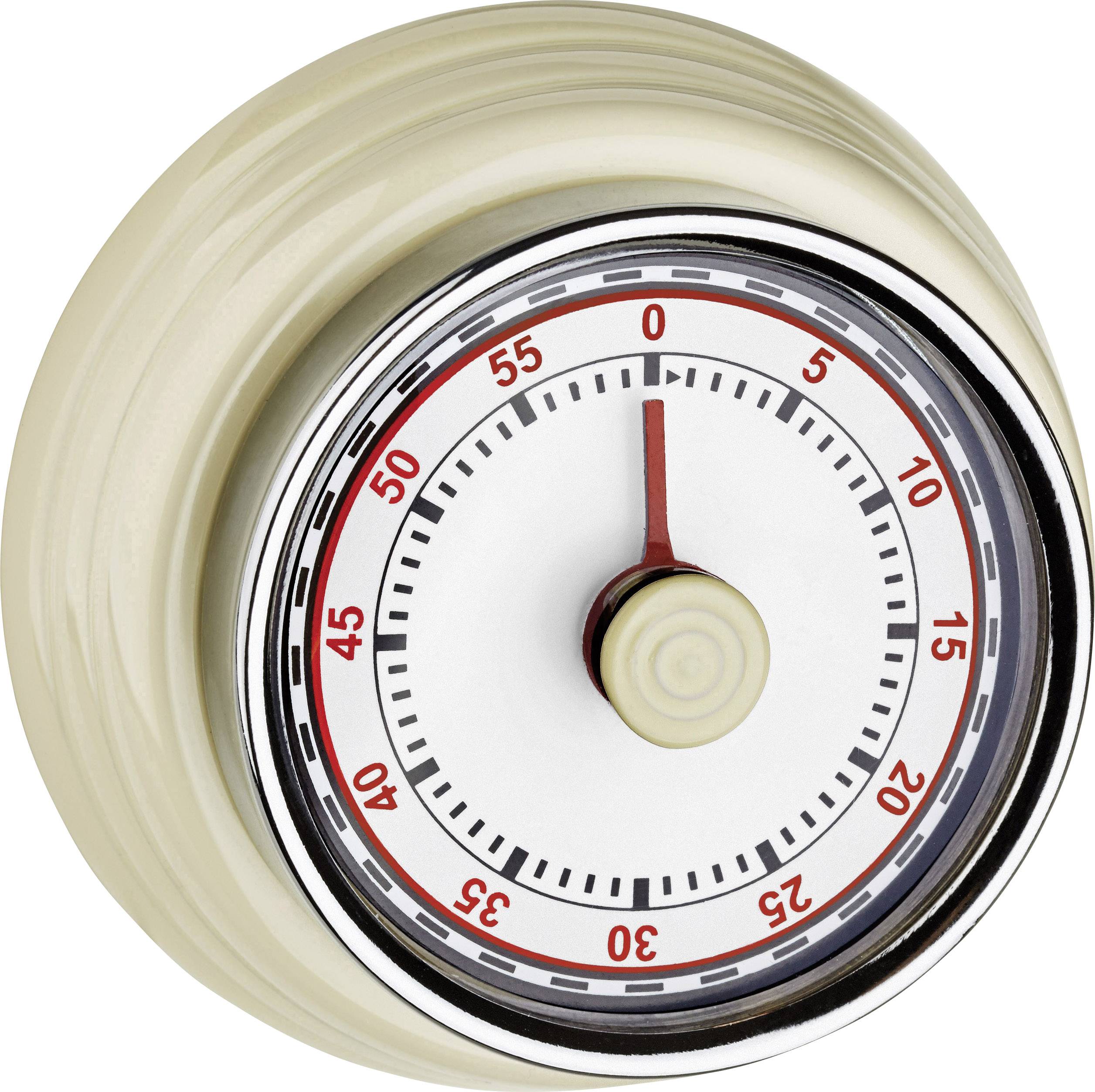 Kitchen timer in cream colour, set to 0 minutes. The scale shows minutes in 5-minute increments, from 0 to 55.