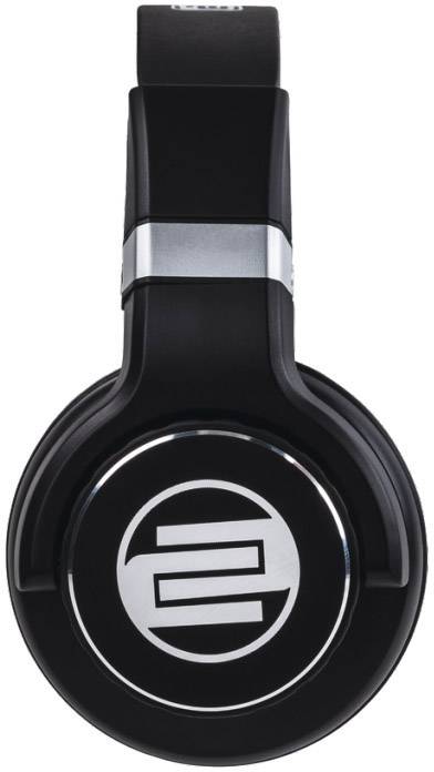 Black headphones with silver logo on the ear cup, against a neutral background.