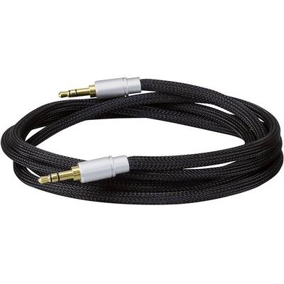 A black audio cable with gold-plated 3.5mm jack plugs at both ends, coiled up.