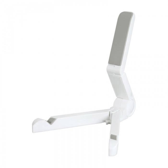 A foldable, white plastic tablet stand with an adjustable holder, suitable for various device sizes.