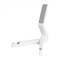 A foldable, white plastic tablet stand with an adjustable holder, suitable for various device sizes.