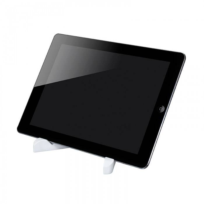 A black tablet sits on a white stand, viewed from the side. The screen is black and reflects light.