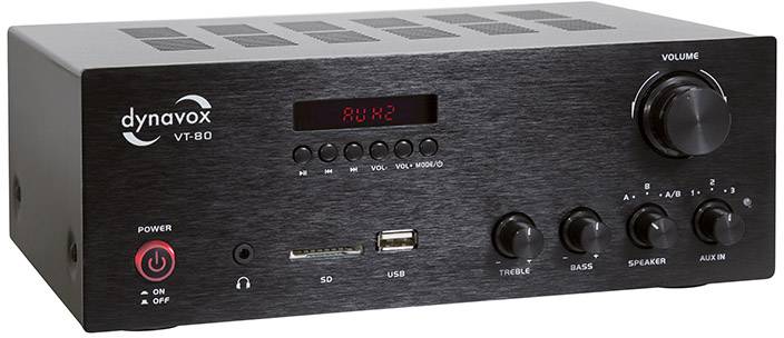 Black Dynavox VT-80 amplifier with rotary controls for volume, treble, bass and inputs, small LED display in the top left corner.