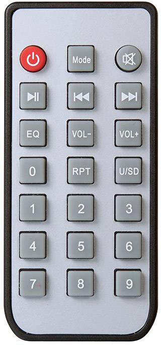 A grey remote control with red and grey buttons, including a power on/off switch, volume control, mode change, and numeric keys.