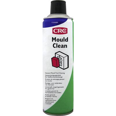 Spray can with the label 'Mould Clean' by CRC. For cleaning moulds and tools. Text in multiple languages.